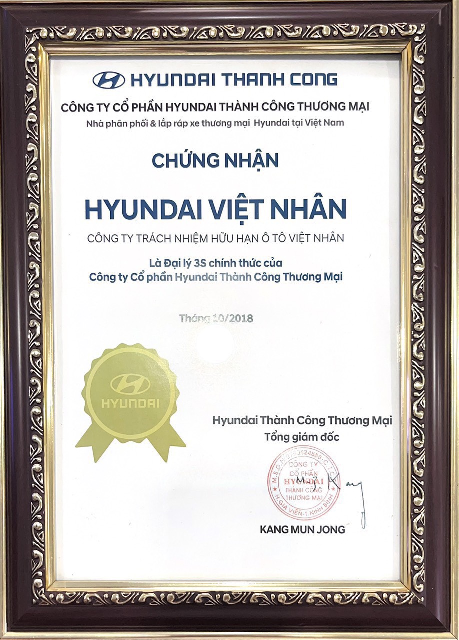 GIẤY CHƯNG NHẬN HYUNDAI VIỆT NHÂN