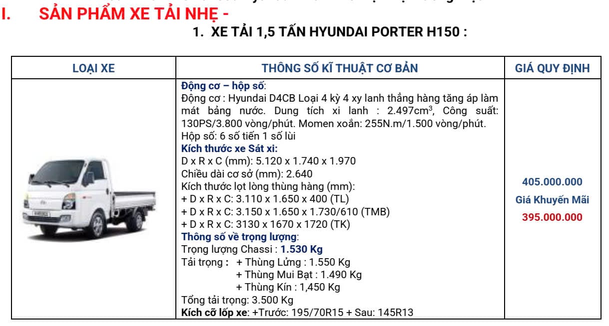 Xe Tải Nhẹ 1,5 Tấn Hyundai New Porter H150